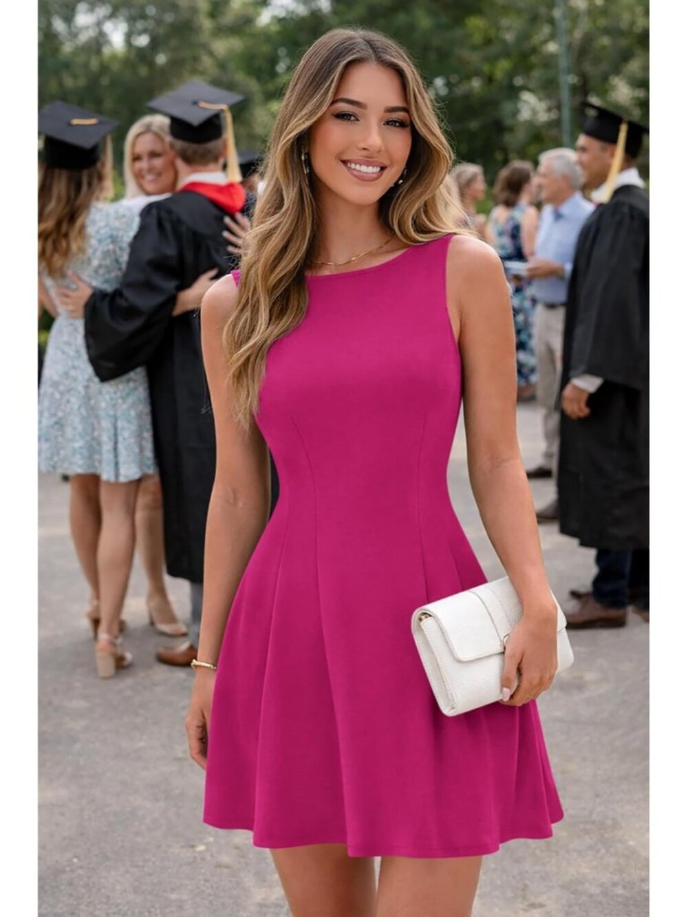 〽️Women's Hot Pink Sleeveless Elegant Classy Boat Neck Cocktail Mini Dress